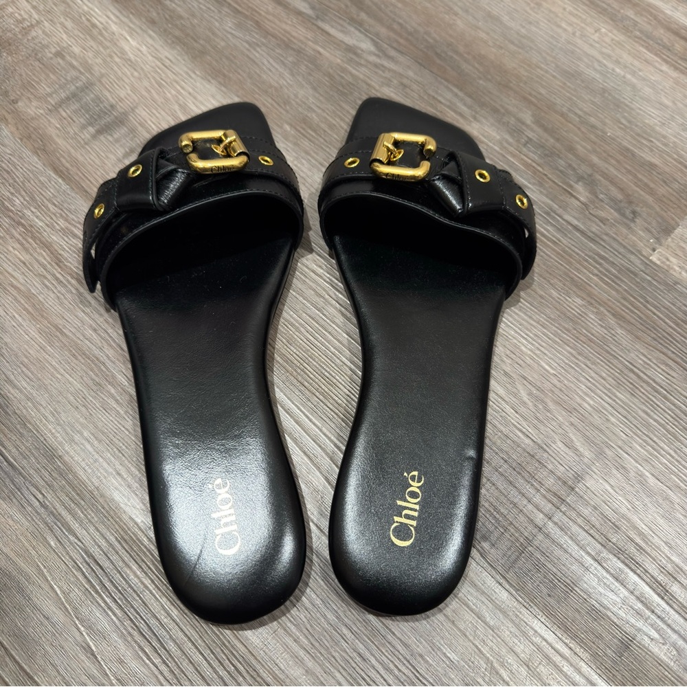 Chloe Mae Black Leather Buckle Slide Sandals - Picture 3 of 10